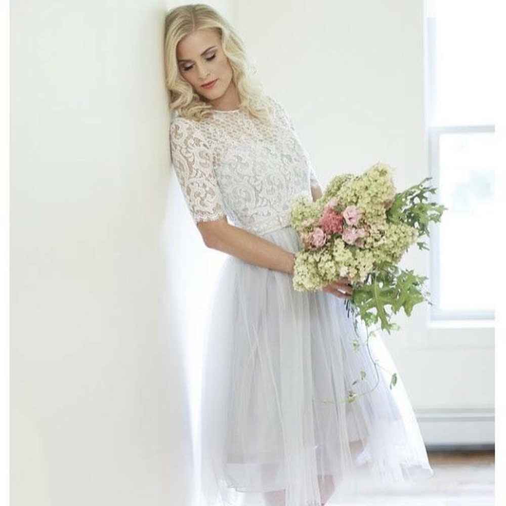 Wedding Dress 10 Silver Silk Lace Knee Length New Designer Sample 1 of a Kind